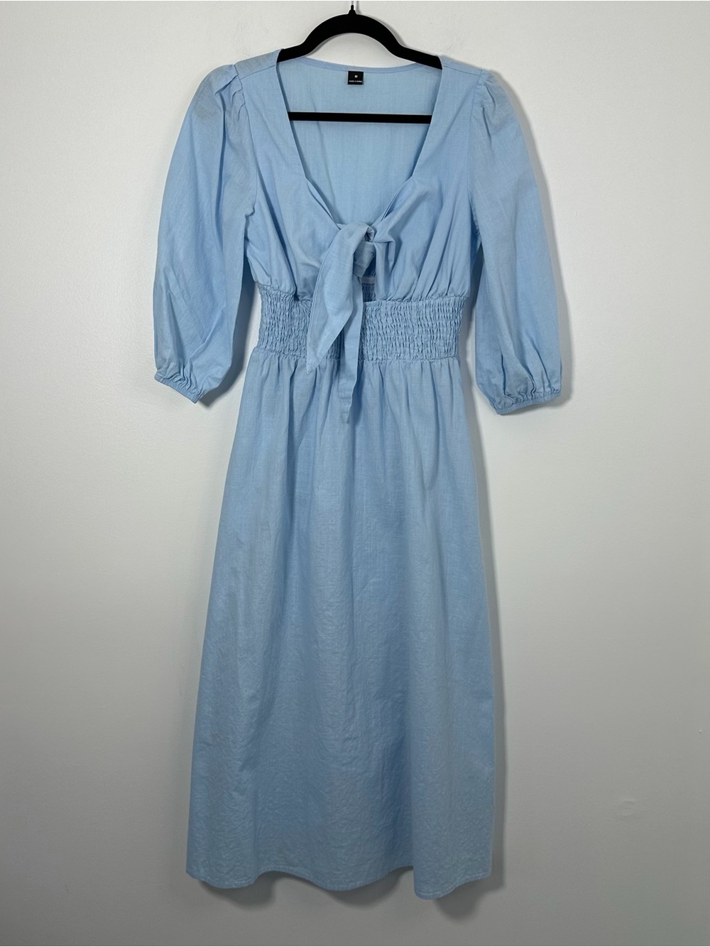 SHEIN Women’s Blue Tie Front Smocked Waist Midi Dress Size Medium 100% Cotton